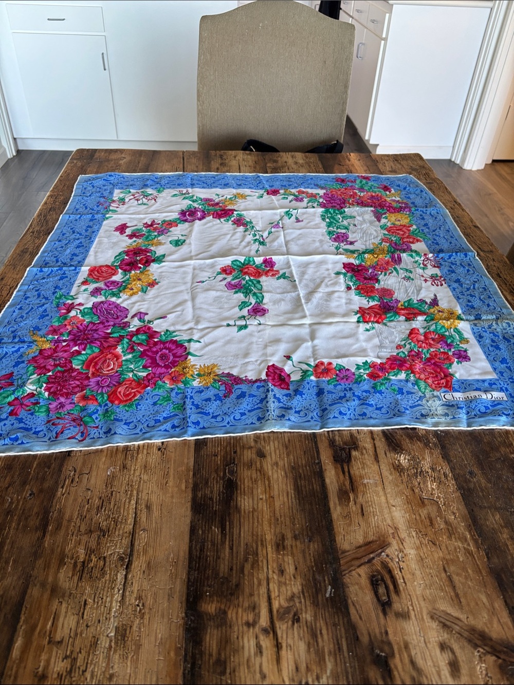 Vintage Dior Silk White Scarf with Blue and Floral Border